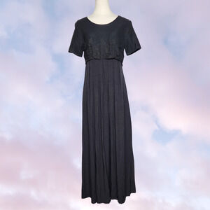 Vtg 90s CDC Black High Waist Maxi Summer Whimsi Goth Mesh Layer Lace Dress Sz 10